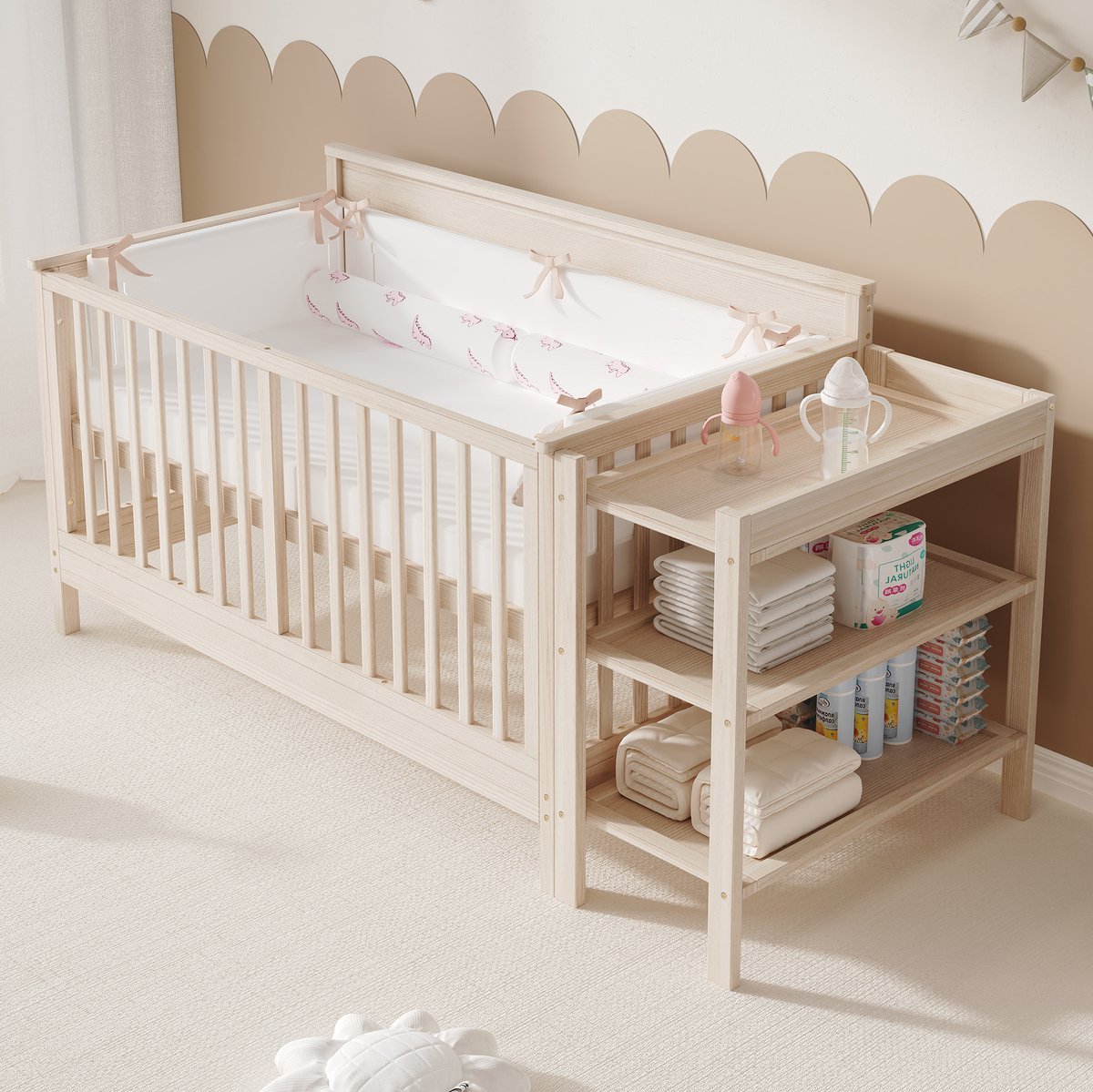 MODENUIT Babybed 3-in-1 3-voudig Verstelbaar 184,5 X 74,5 X 90 Cm Hout Naturaal Voor Matras 140 X 70 Cm Natural