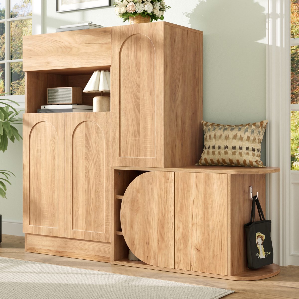 DESMIU Schoenenkast - Moderne Schoenenkast Met Zitbank En 1 Lade - 5 Deuren En Open Vak Voor Hal En Entree - MDF - Natural - 130x35x110,5 Cm