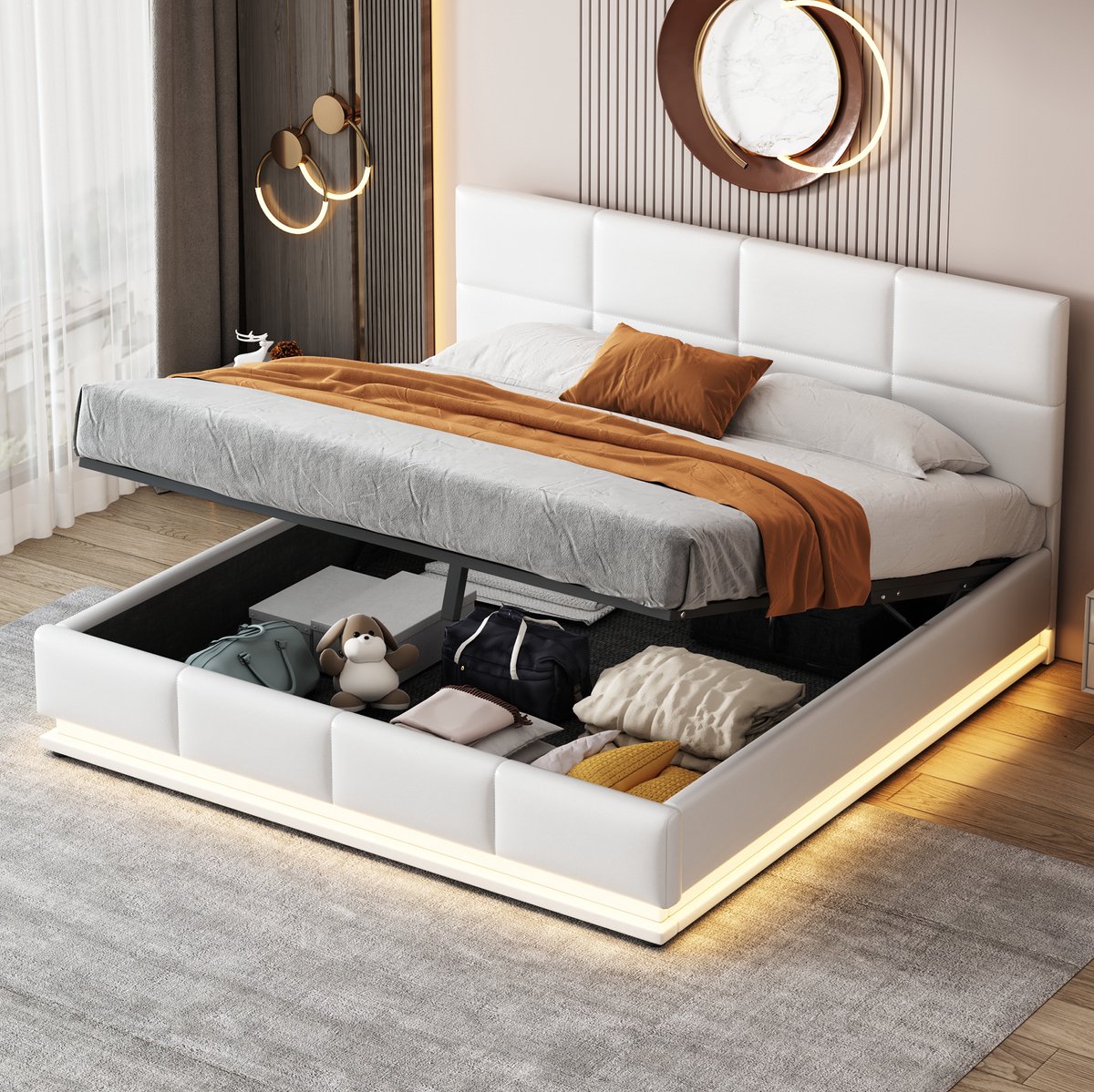 Gestoffeerd Bed 160 x 200 cm met LED, metalen lattenbodem, bedkast, verstelbaar hoofdeinde, wit, kunstleer