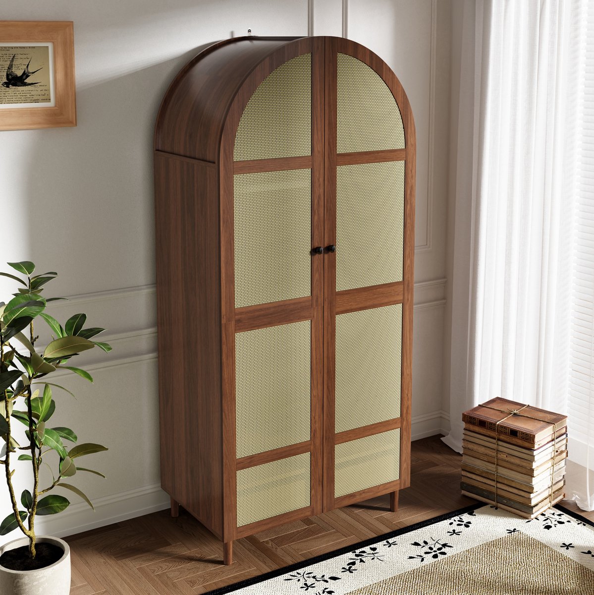 DESMIU Kledingkast Gebogen Deuren Met Rattan Paneel En Lades Voor Slaapkamer En Hal Walnoot Hout 80x50x179 Cm