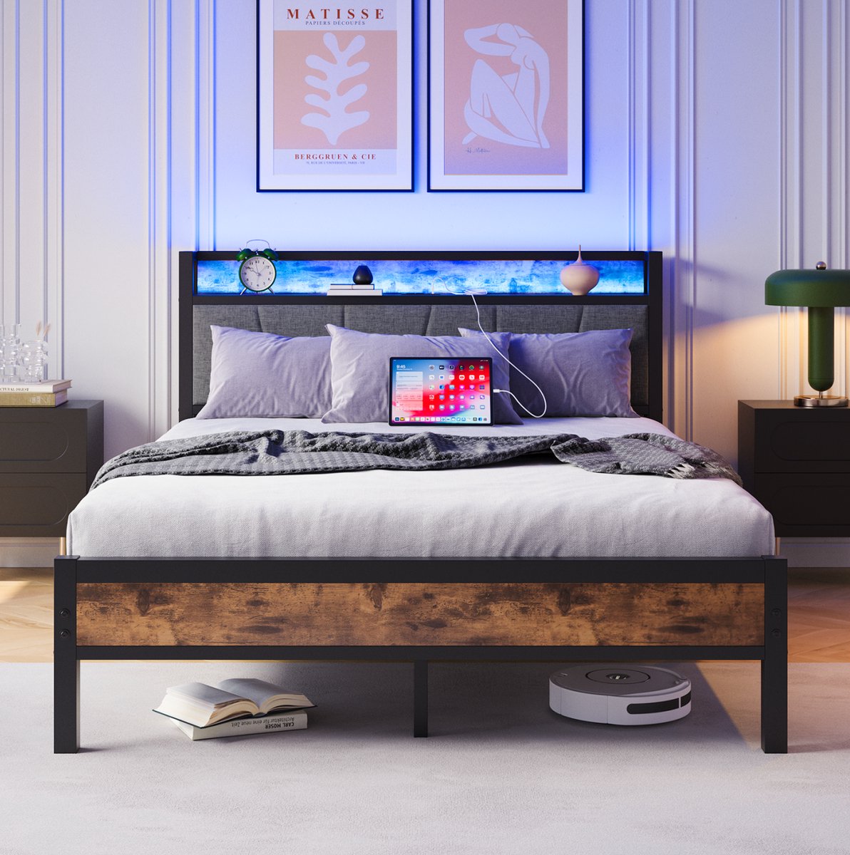 Bed Frame 140x200 Cm Met LED Verlichting En USB Oplaadstation - MDF Metaal - Antiek Bruin - Met Opbergkopbord En Lattenbodem