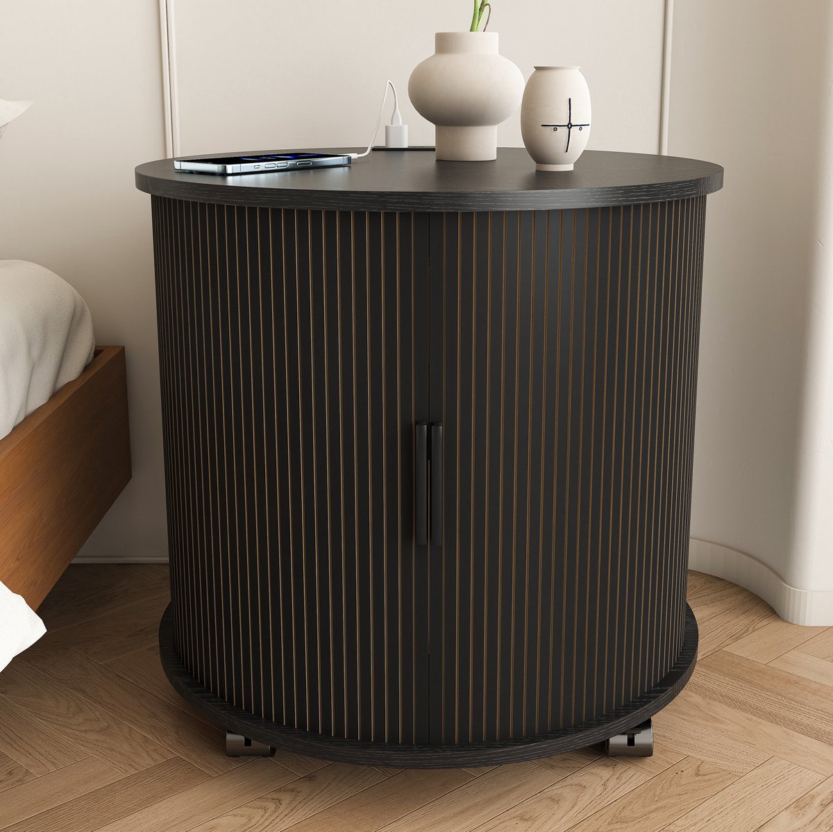 MODFU - Nachtkastje - Schuifdeur - Laadstation - 2 USB - MDF - Zwart - 60 X 60 X 60 Cm