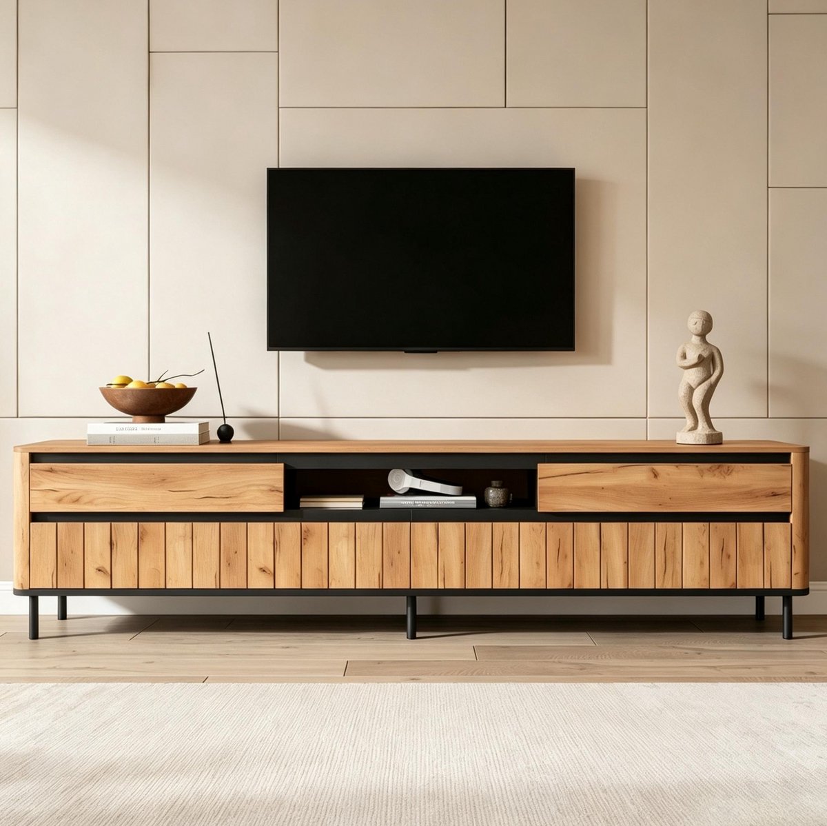 MODFU - Tv Meubel - 2 Lades - 2 Kleppen - 180 Cm - Naturel Hout - Zwart