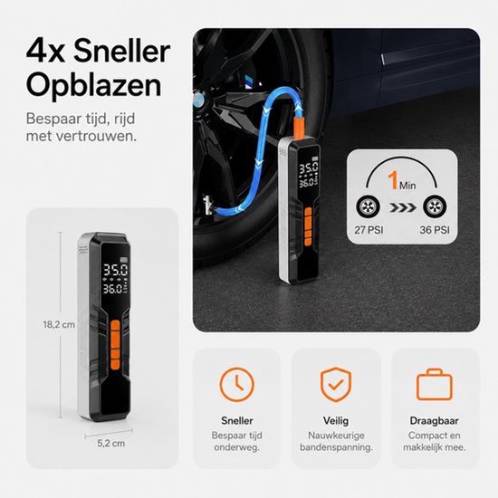 Elektrische fietspomp - Oplaadbaar & Draagbaar - Tot 10.3 Bar– Geschikt voor Auto, Fiets, Motor en Scooter – Met Digitale Manometer en Verlichting - Elektrische Bandenpomp — afbeelding 4