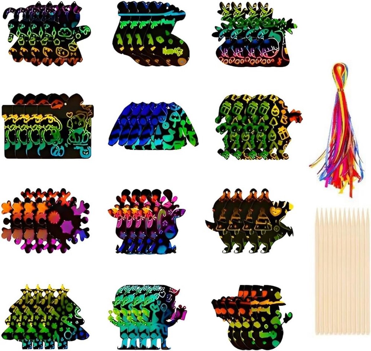 Creatieve Activiteiten voor Kinderen met 48 Stuks Magisch Kraskaart Set, Inclusief Regenboogband, Klokken en Bamboopotlood voor Kerstdecoratie