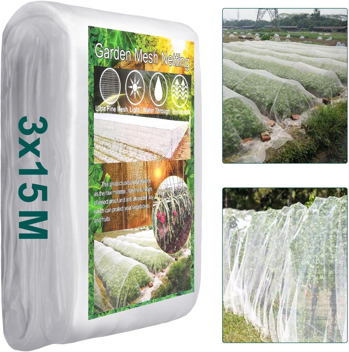 Vegetatiebescherming Net voor Planten en Groenten - Insectenbescherming, Tuin, Groenteteelt, 3 x 15 m voor Effectieve Bescherming Tegen Schade