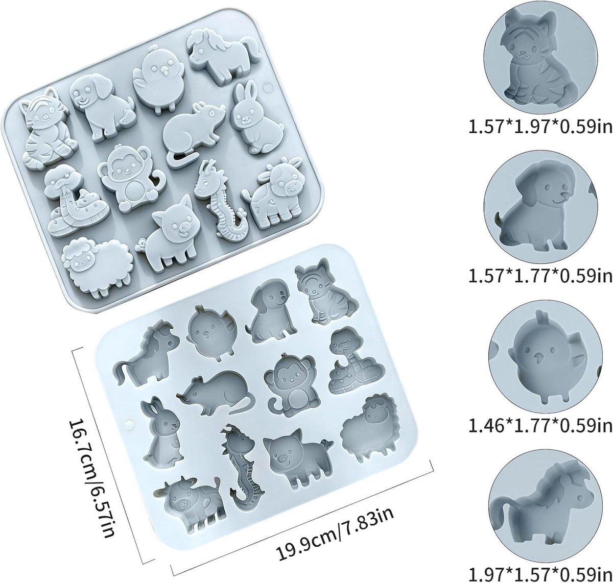Set van 2 Siliconen Chocoladevormen met 12 Cartoon Dieren, Ideaal voor Bonbons, Taart en Pudding Bakken