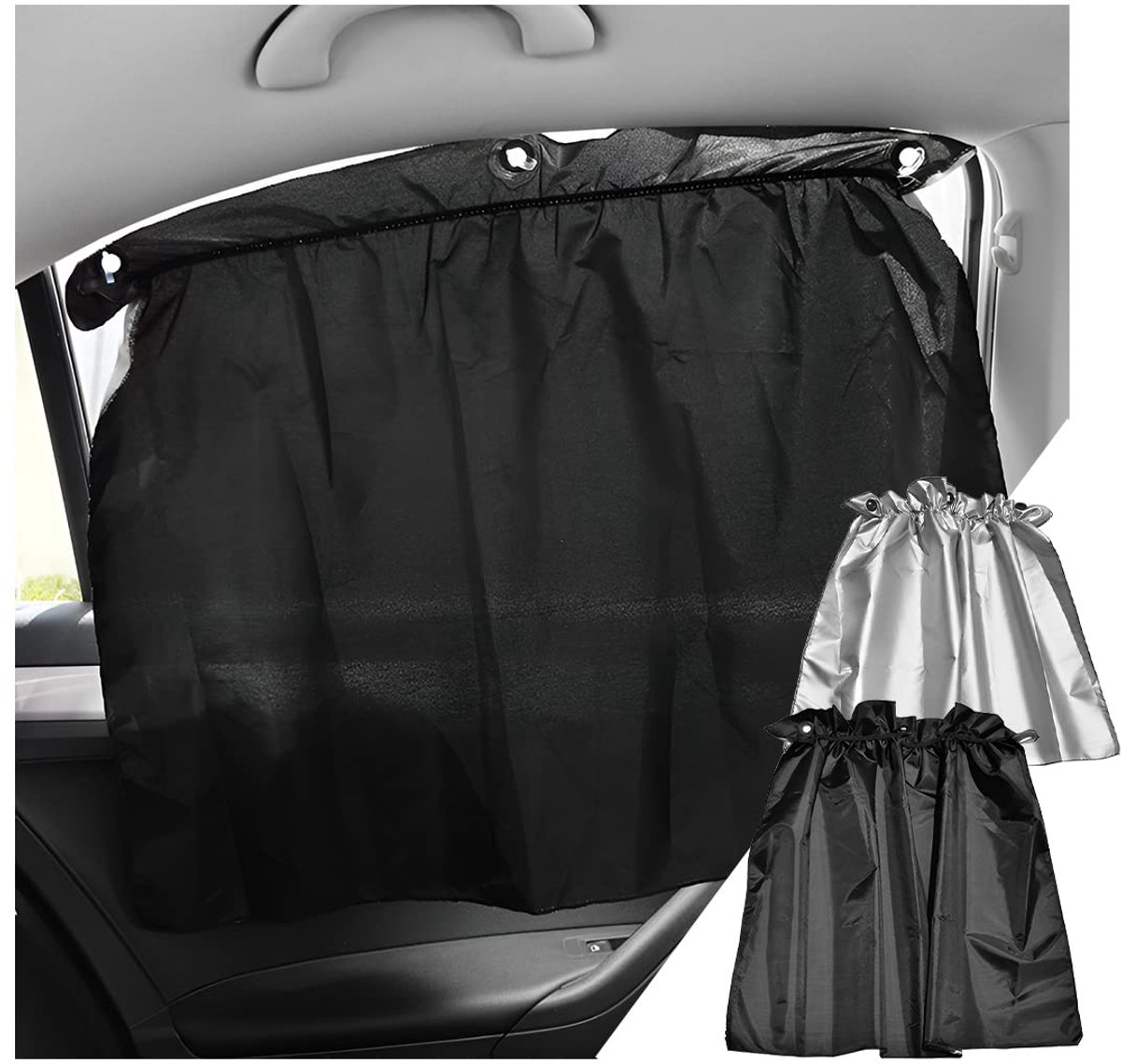 4 Stuks Auto Zonwering - Universeel - Met Klittenbandsluiting - Zilver/Zwart - Polyester