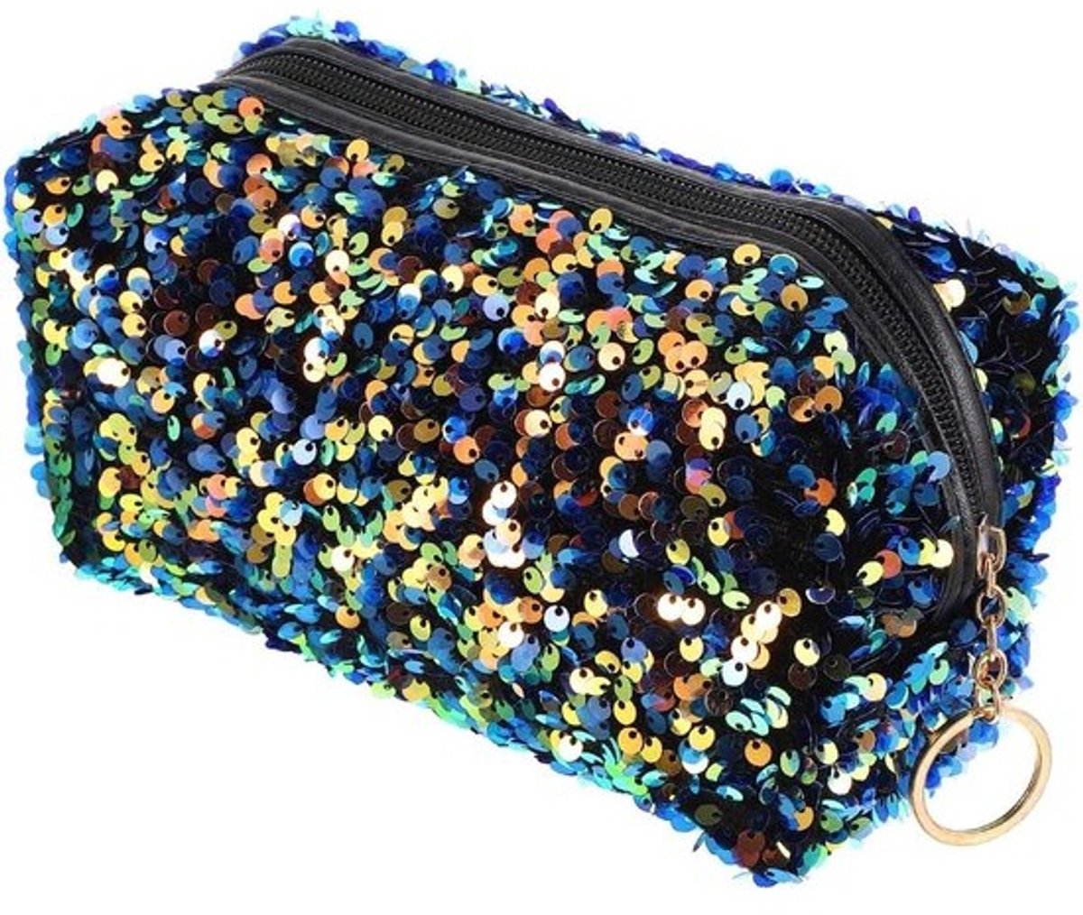 Toilettas met Pailletten voor op Reis - Wijnrood en Blauw - Cosmetica Organiser - Reistas - 19x10CM