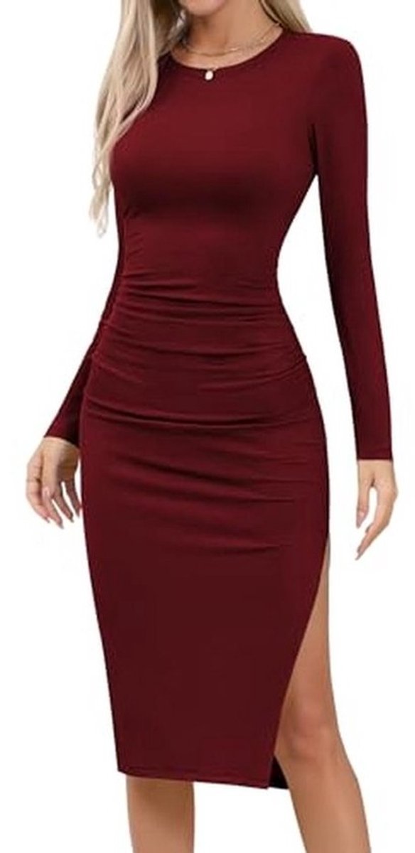 Midi-jurk met lange mouwen voor dames - Gebreide bodycon jurk met split en geplooide details