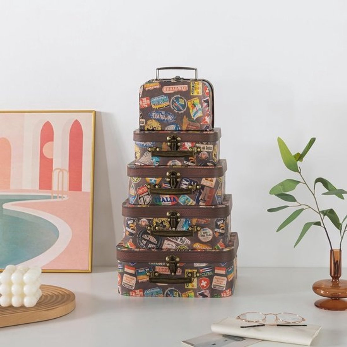 Kartonnen Koffers Set van 5 - Decoratieve Opslagdozen voor Bruiloften en Themafeesten