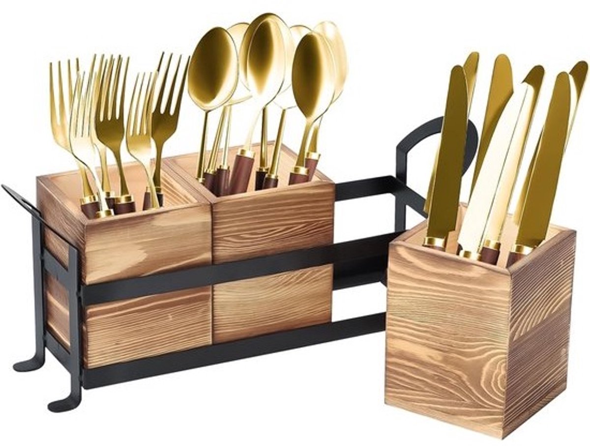 Houten Bestekhouder 33 x 11,5 cm - 3-Delig Bestekbak Set met Afneembare Bodem en Afvoergaten