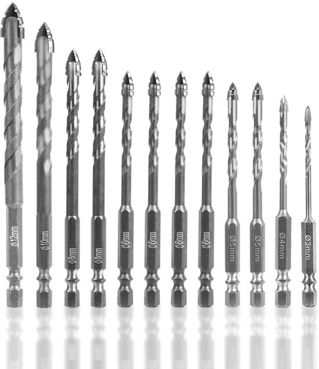 Boor Set - Metaalboren Tegelboren - Gaten Boren - Vier Snijvlakken - 12 Stuks - Zilver