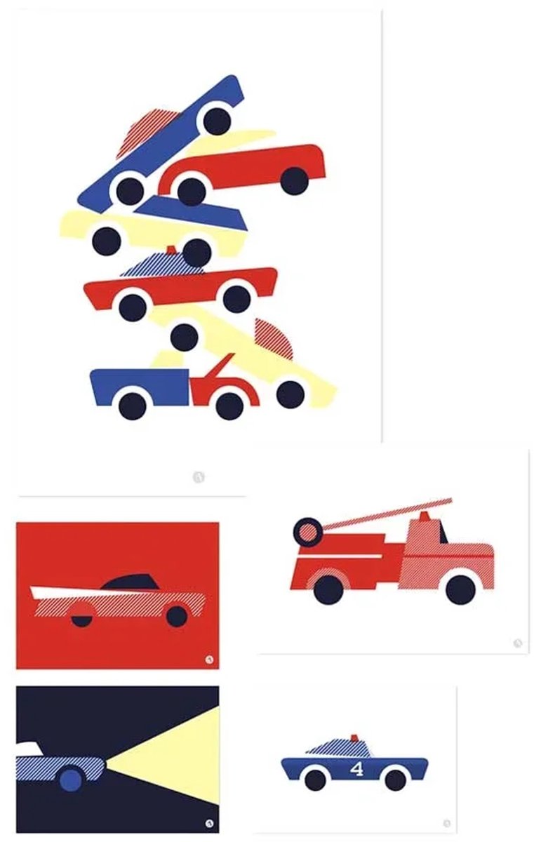 Lilipinso posterset voertuigen rood blauw geel