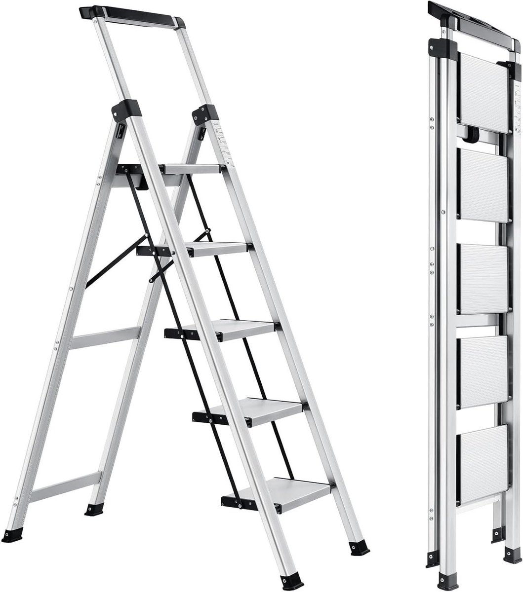 Aluminium trapladder - Vouwladder met leuning - Klusklare hulp - Met gereedschapsbak - 5 treden - Zilverkleurig