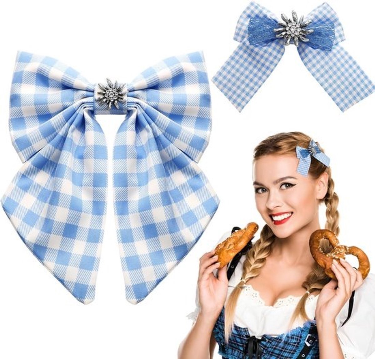 Set van 2 Haarspelden met Ruitpatroon Strik en Edelweiss Bloem - Haaraccessoires voor Meisjes en Dames