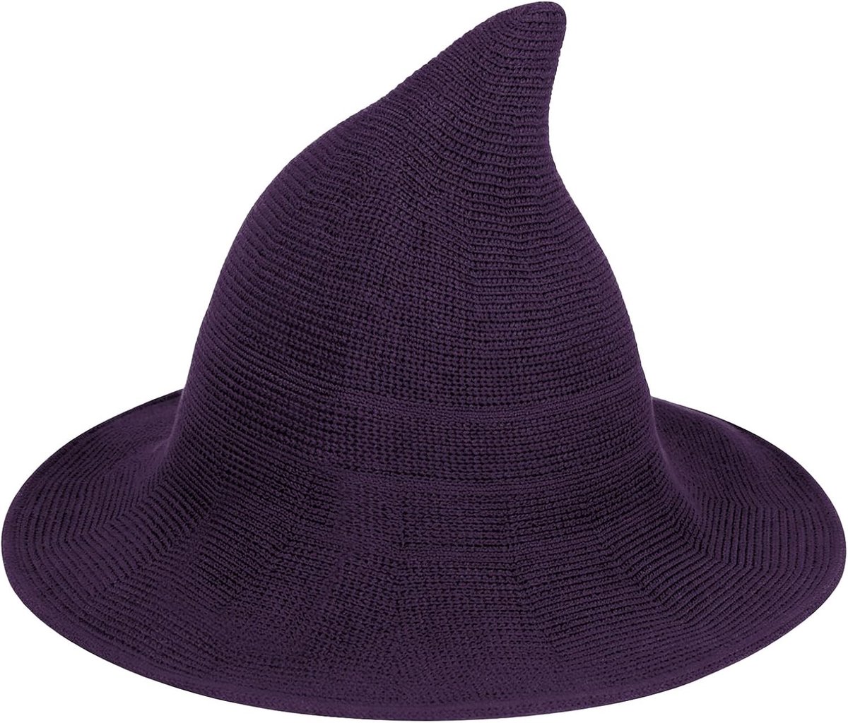 Heksenhoed in paars, gebreid van katoengaren, perfect voor Halloween-feesten en kostuums, unieke accessoires voor een spookachtige look