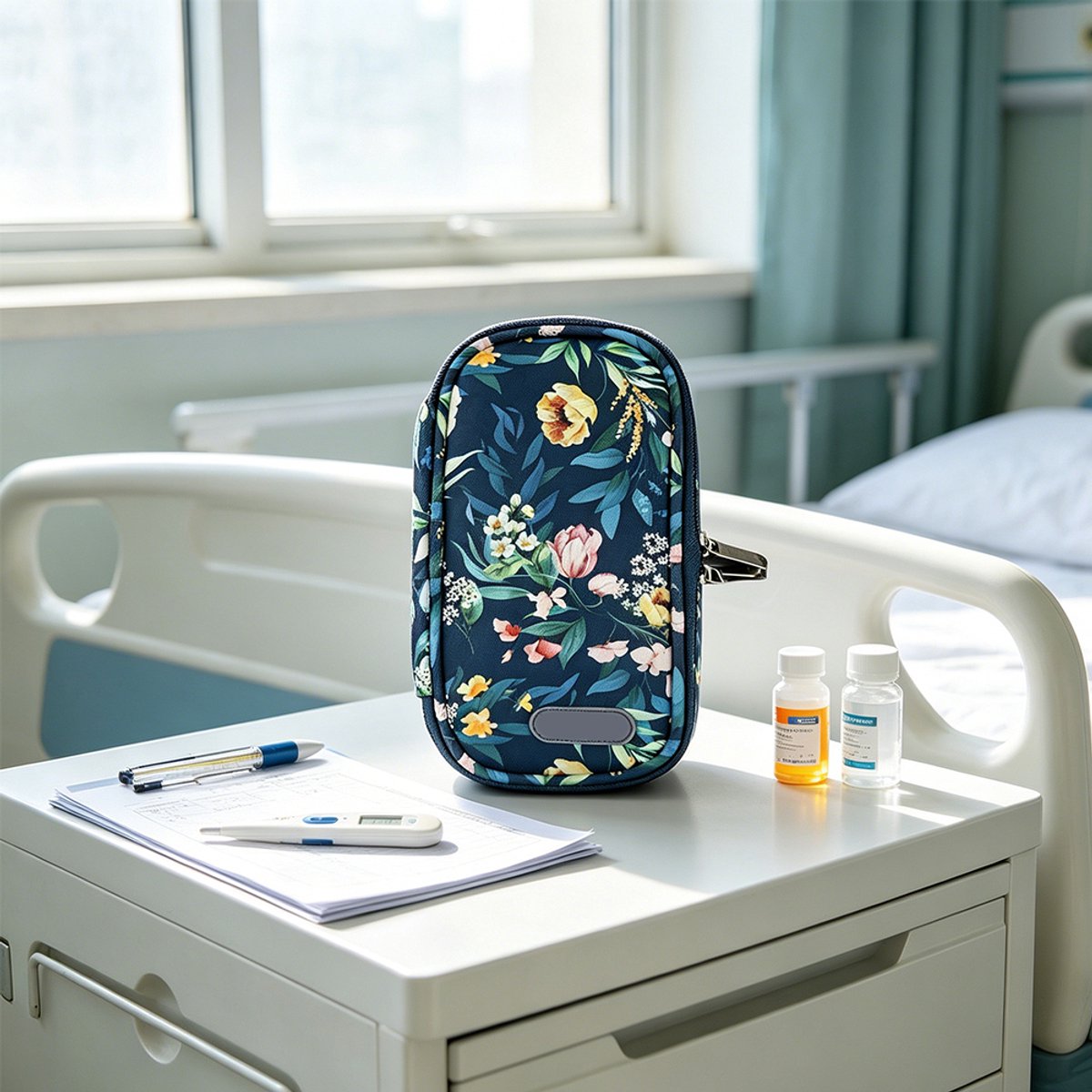 Reiskoelbox voor insuline - Koelbox - Draagbare diabeteskit - Geïsoleerde koeltas - Inclusief 2 nylon koelelementen - Medicijnkoeltas - Geschikt voor dagelijks gebruik en op reis - 20,5*9,5*3,5 cm - Blauwe achtergrond met cameliabloemmotie — cadeau in Cadeau-ideeën - foto 5