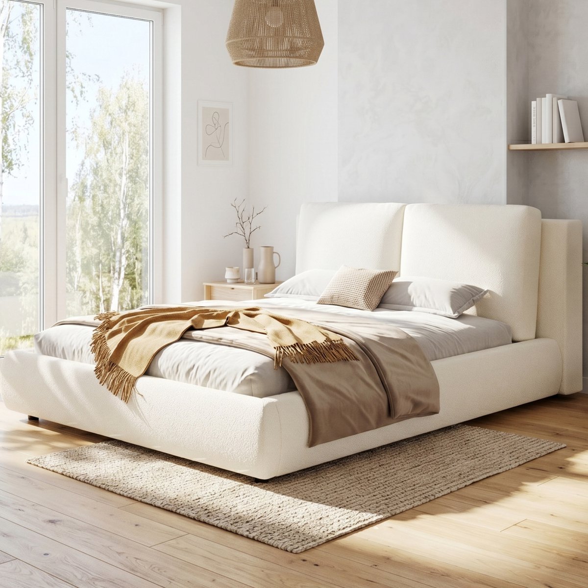 Bedframe Opbergruimte 160 x 200 cm Hydraulisch - Bouclé Stof - Beige - Met Lattenbodem En Hoofdbord