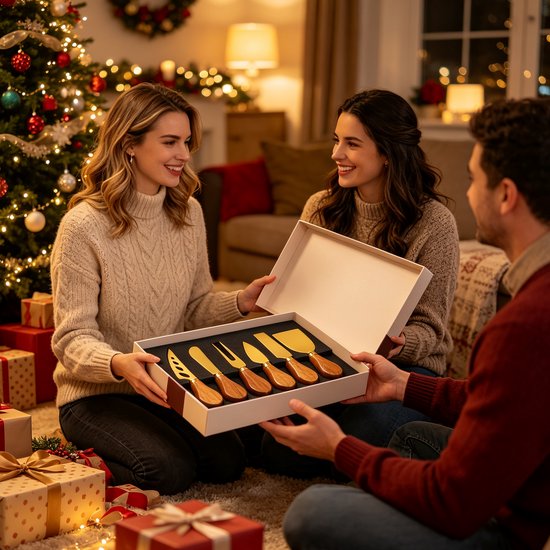 Drie personen openen een cadeauverpakking met een gouden kaasmesjes set met houten handvatten, naast een kerstboom.