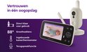 Philips Avent babyfoon met scherm toont baby, 88 graden groothoeklens, thermometer en terugspreekfunctie.