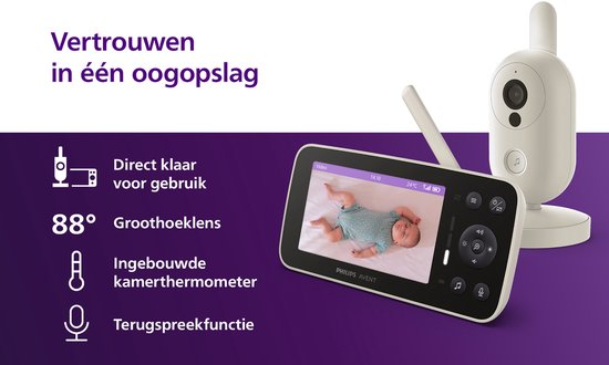 Philips Avent babyfoon met scherm toont baby, 88 graden groothoeklens, thermometer en terugspreekfunctie.