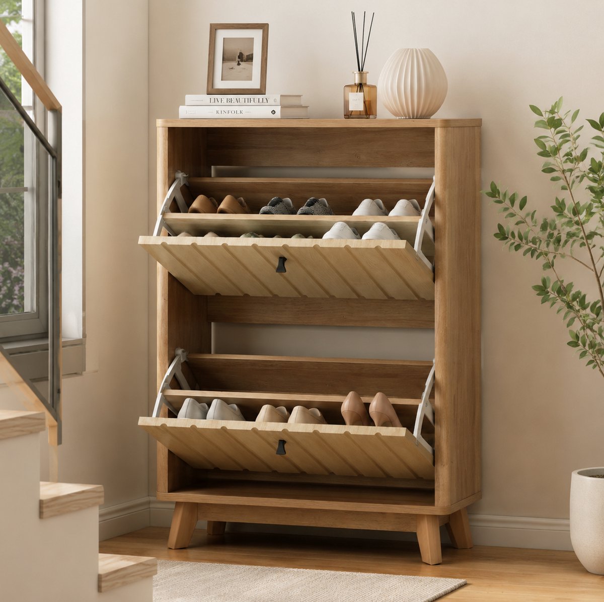 Schoenenkast - Slank Flipdown Ontwerp Met 12 Tot 16 Paar En Stofbescherming - Voor Hal En Gang - MDF Spaanplaat - 60x24x94 Cm - Oak