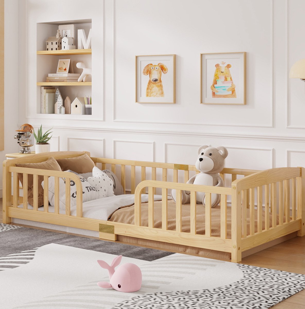 Kinderbed Vloerbed 90 x 200 cm met Veiligheidshekken en Middentoegang - Hout - Naturaal - Eenpersoons