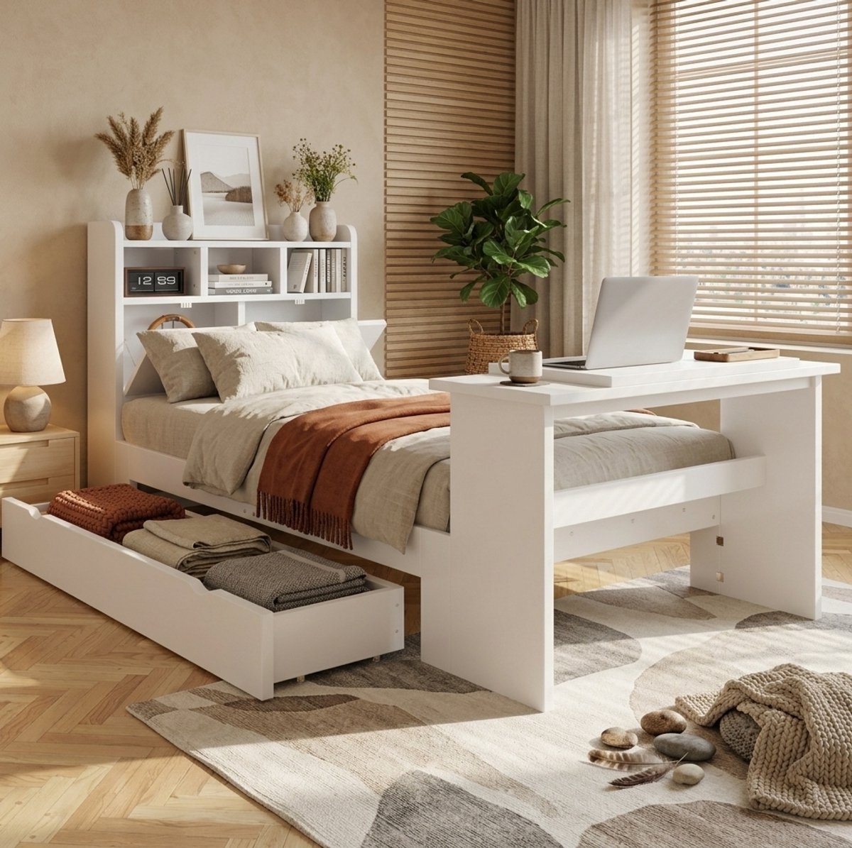 Bed – Met Opbergruimte En Verstelbare Tafel – 264 x 97 x 120 Cm – Spaanplaat – Wit – Eenpersoons