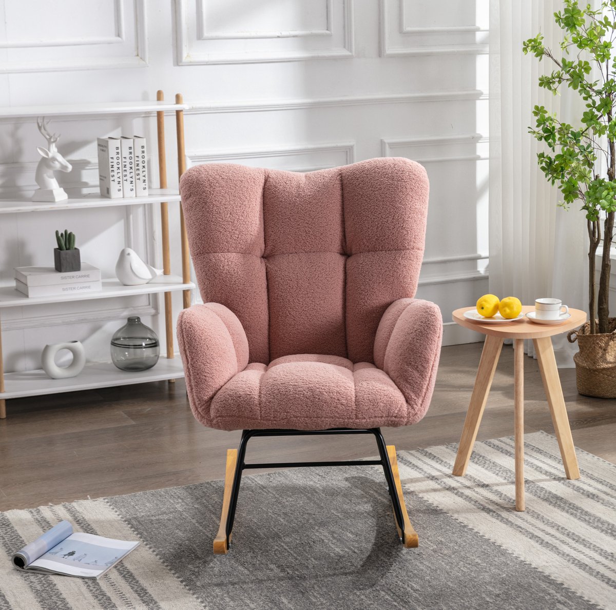 Wishdor Schommelstoel - Teddy stof met hoge rugleuning en armleuningen - Gepolsterd en stil schommelend - Mid century modern - Woonkamer slaapkamer leeshoek - Hout metaal - Roze - 80 x 70 x 95 cm