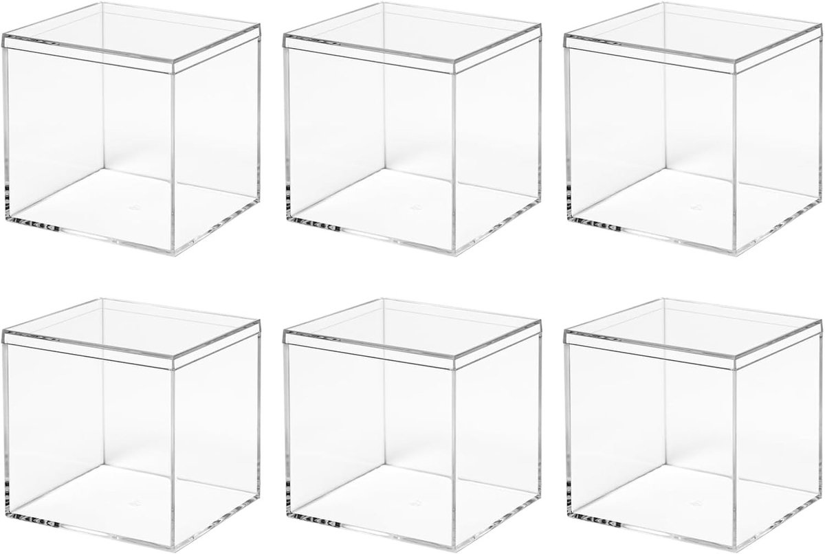 Set van 6 Transparante Acryl Dozen met Deksel voor Sieradenopslag, Cadeaus en Snoepverpakking - 8x8x8 cm