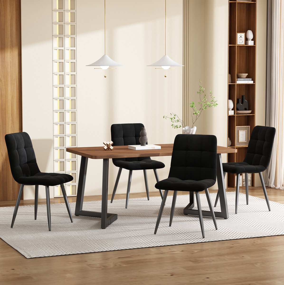 Wishdor Eettafelset 5-delig - 4 stoelen - Modern - Voor keuken woonkamer eetkamer - Walnootkleur bewerkt hout met zwarte metalen poten en velours stoelen - 117 x 68 x 75 cm