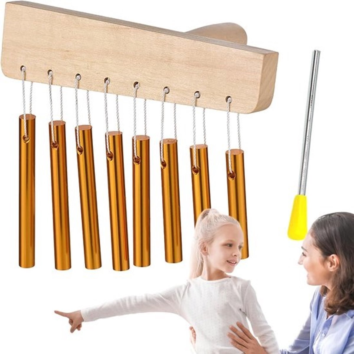 Houten Yoga Klokkenspel - Muziek Apparatuur - Meditatie Training - 8 Tonen Aluminium - 25 x 17 cm - Goud