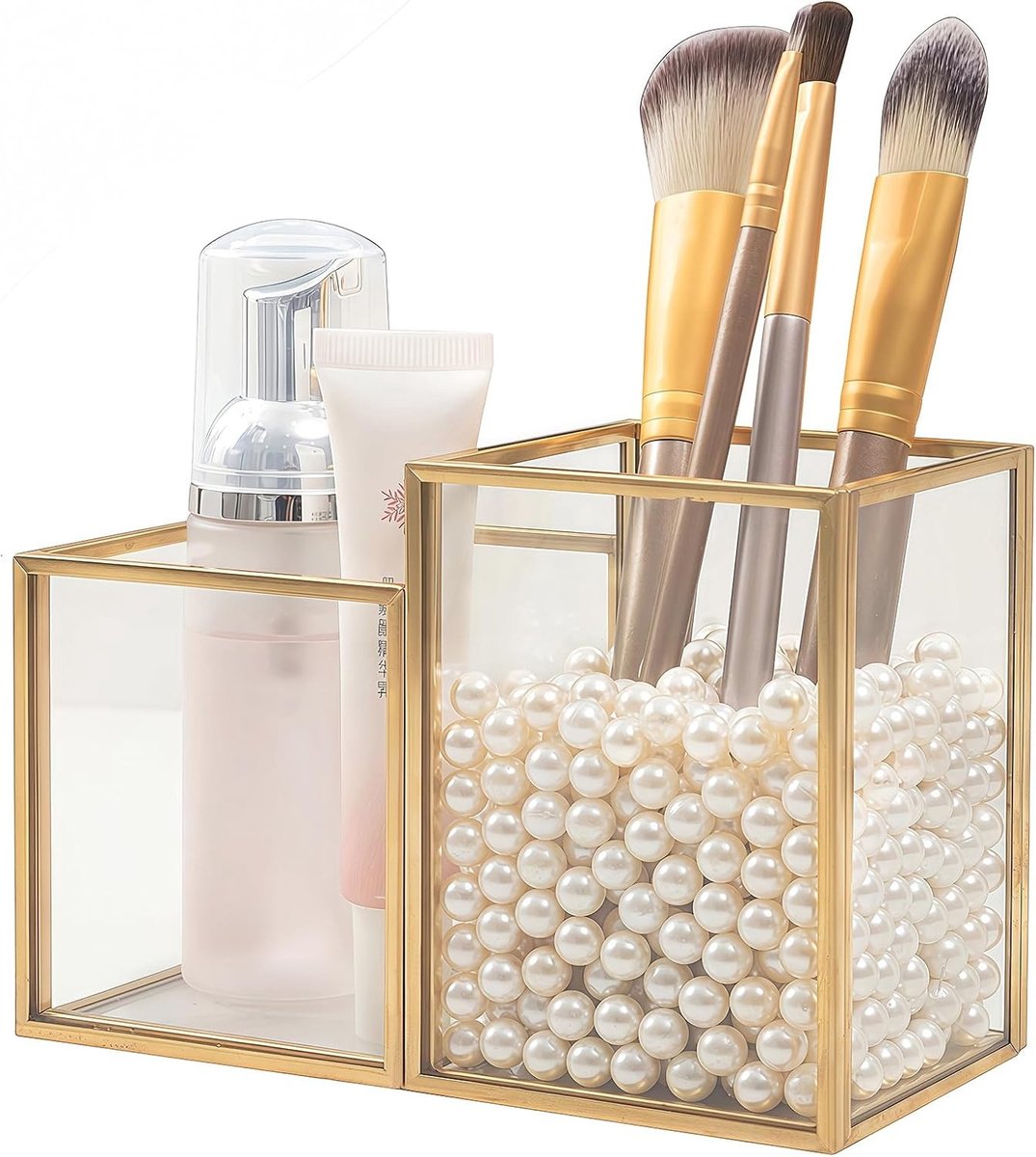 Gouden Make-up Borstelhouder van Glas - Cosmetische Organizer voor Make-up Brushes, Eyeliner en Lipsticks Opslag