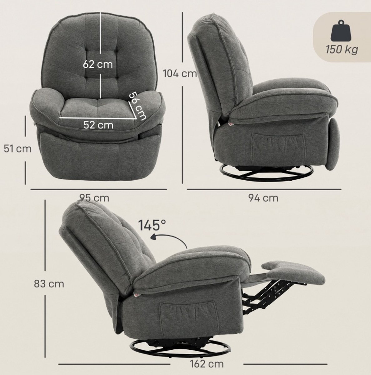 DESMIU Relaxfauteuil 95 x 94 x 104 cm - Draaibaar Met Wip- En Ligfunctie En Voetsteun - Voor Woonkamer En Slaapkamer - Chenille Stof - Grijs lichtgrijs