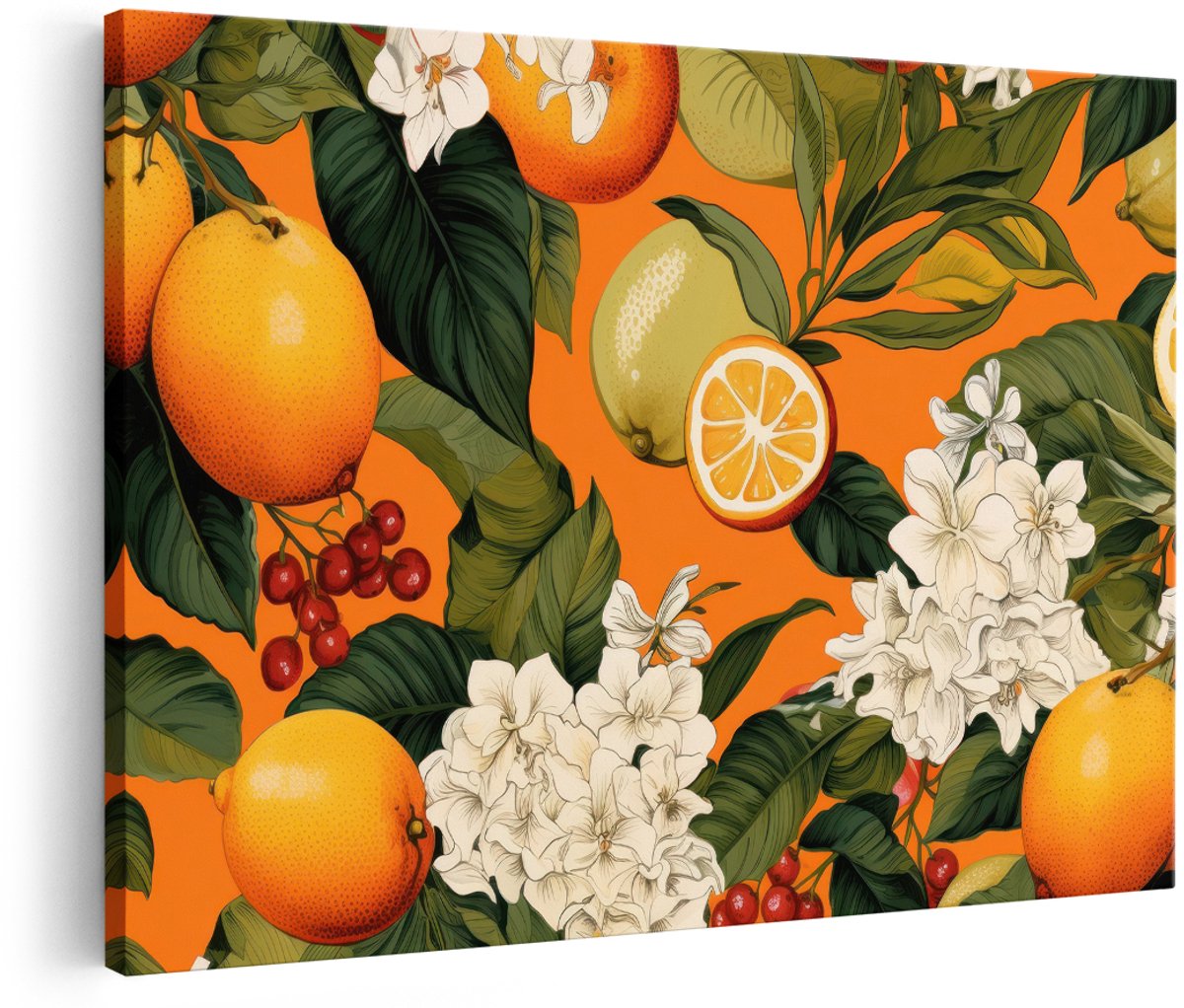 Artaza Canvas Schilderij Citrusvruchten - 180x120 cm - Groot - Wanddecoratie Bloemen - Muurdecoratie Vintage - Decoratie Fruit - Oranje