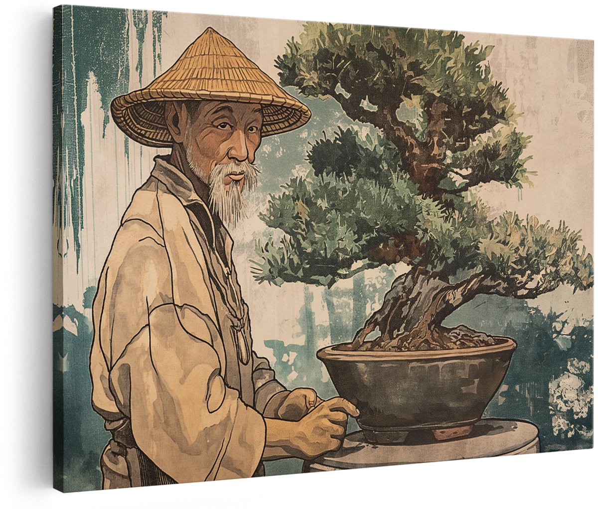 Artaza Canvas Schilderij Bonsai Boom - 180x120 cm - Groot - Japandi Wanddecoratie - Muurdecoratie Aziatische Man - Decoratie Woonkamer