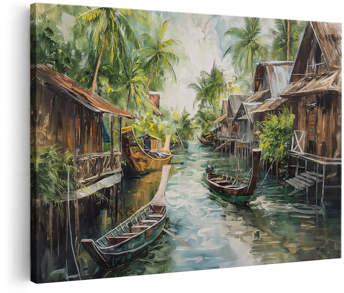 Artaza Canvas Schilderij Tropisch Dorp - 180x120 cm - Groot - Wanddecoratie Landschap - Muurdecoratie Boten - Decoratie Palmbomen Waterweg