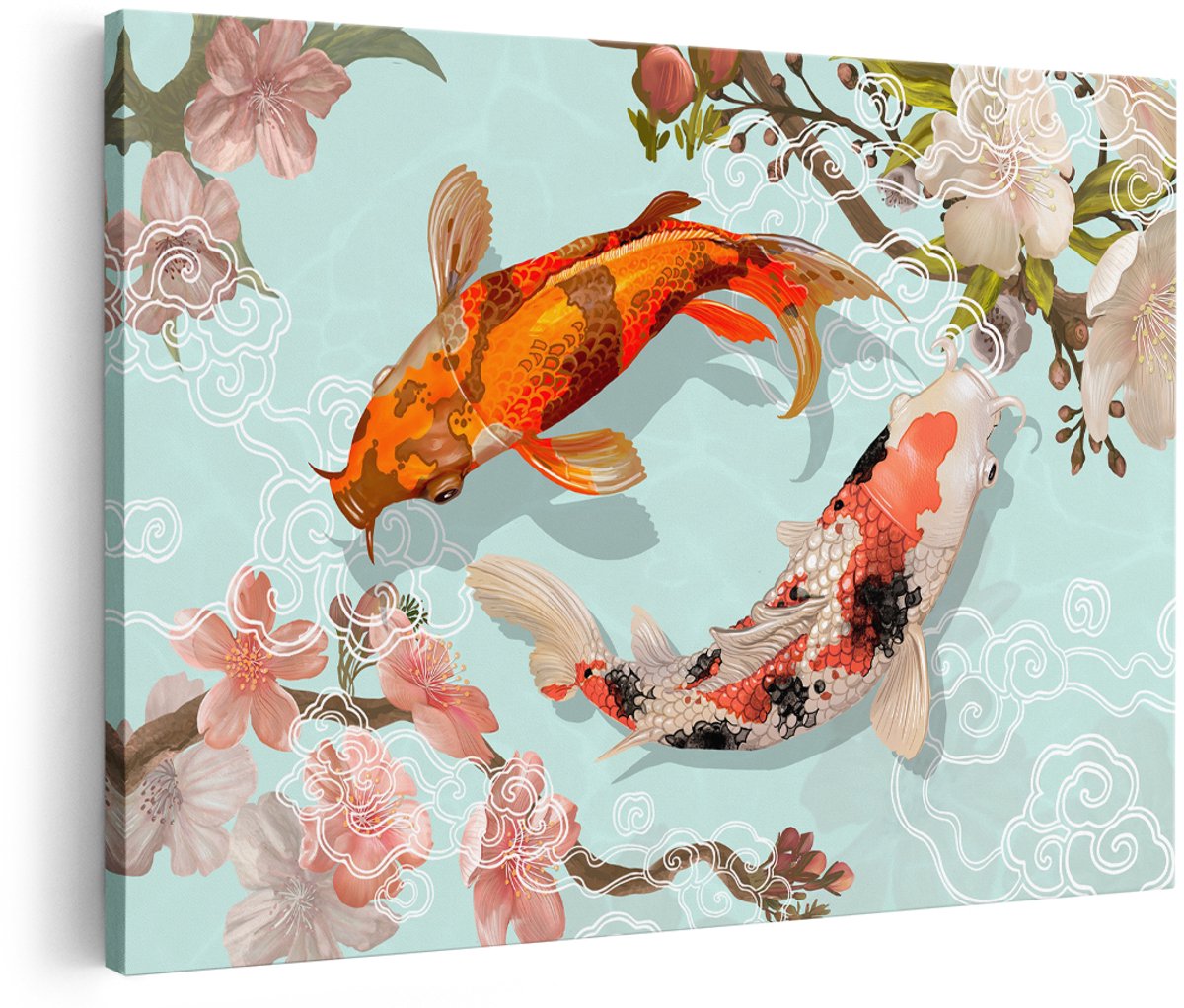 Artaza Canvas Schilderij Koi Karpers - 180x120 cm - Groot - Wanddecoratie Japandi - Muurdecoratie Kersenbloesem - Decoratie Vissen
