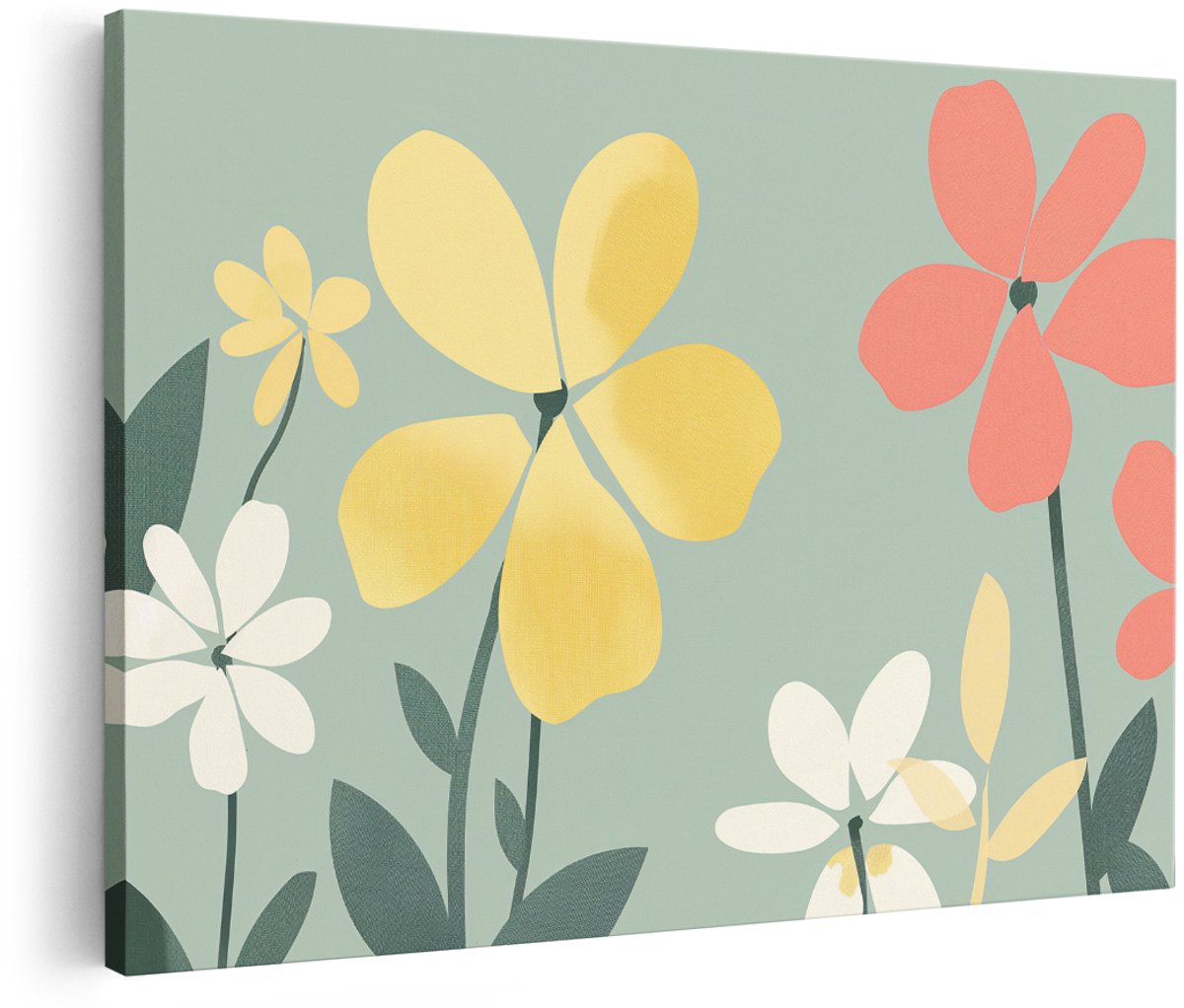 Artaza Canvas Schilderij Bloemen - 180x120 cm - Groot - Wanddecoratie Retro - Muurdecoratie Pastel Woonkamer - Decoratie Vrolijke Bloem