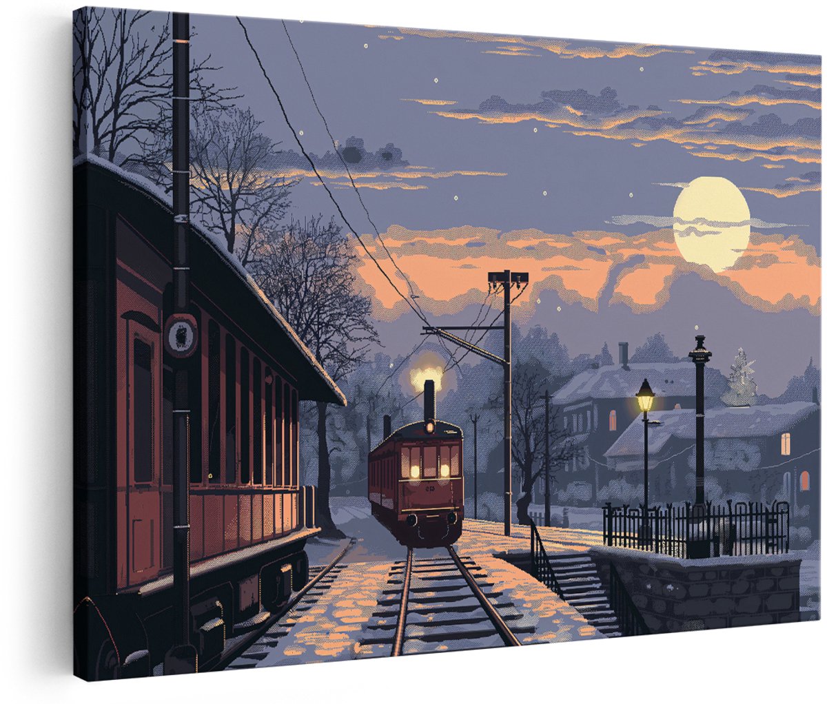 Artaza Canvas Schilderij Trein - 180x120 cm - Groot - Wanddecoratie Winter Landschap - Muurdecoratie Maan - Pixel Art Schilderijen Op Canvas
