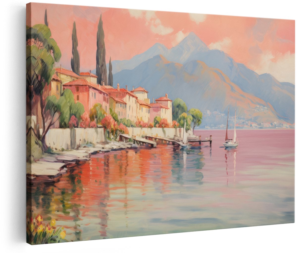 Artaza Canvas Schilderij Italiaans Dorp - 180x120 cm - Groot - Wanddecoratie Zonsondergang - Muurdecoratie Landschap - Decoratie Bergen Meer - Roze