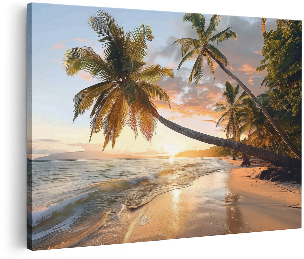 Artaza Canvas Schilderij Palmbomen op een Strand bij Zonsondergang - Landschap - 180x120 cm - Groot - Wanddecoratie Woonkamer - Schilderijen - Muurdecoratie
