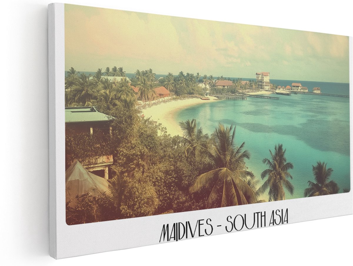 Artaza Canvas Schilderij Tropisch Landschap Malediven - 180x90 cm - Groot - Wanddecoratie Strand Zee - Muurdecoratie Palmbomen - Schilderijen Op Canvas Vintage