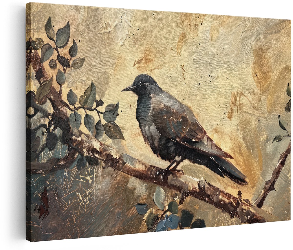 Artaza Canvas Schilderij Vogel - 180x120 cm - Groot - Wanddecoratie Natuur - Muurdecoratie Zwarte Vogel Op Tak - Schilderijen Op Canvas Impressionistisch