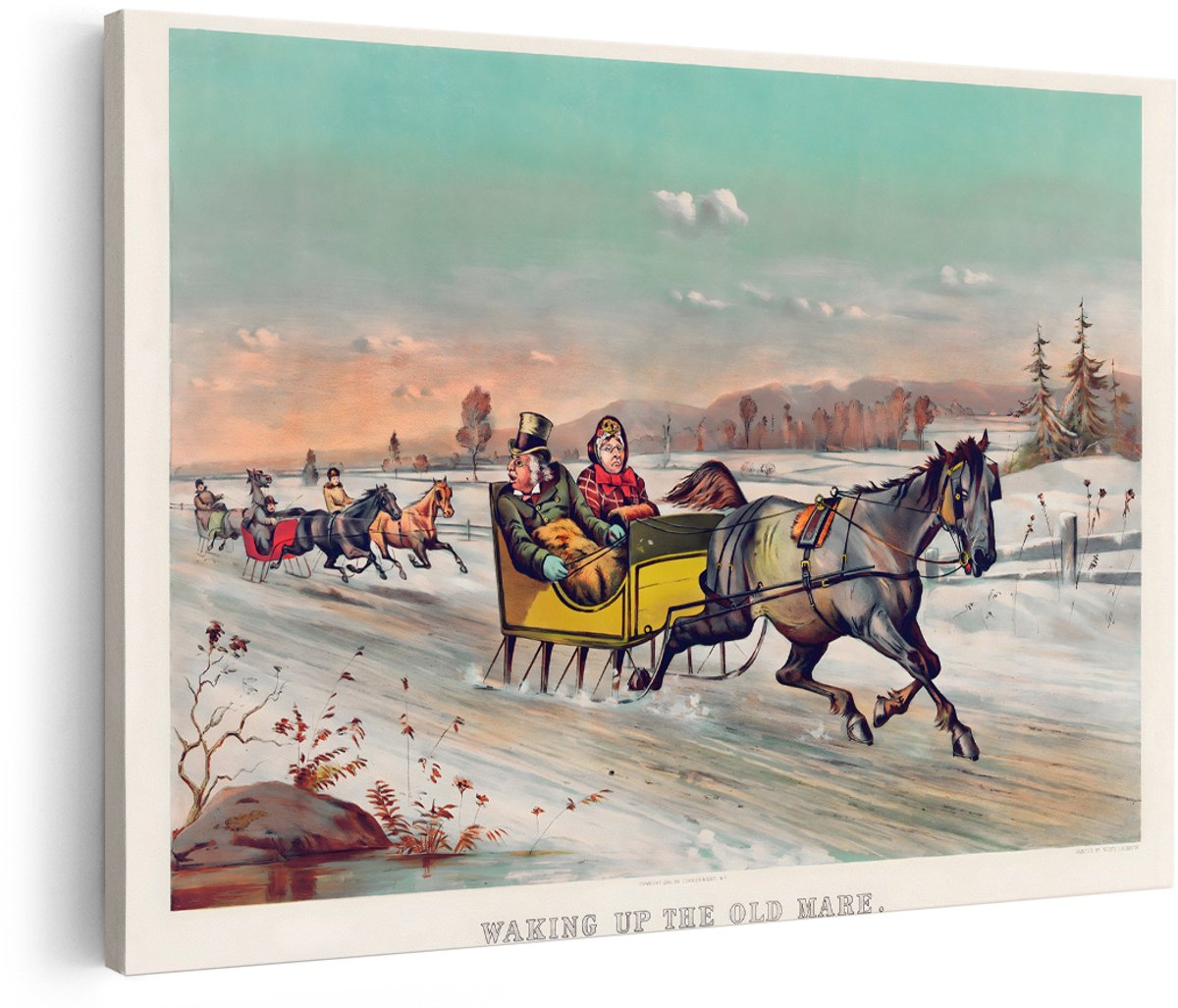 Artaza Canvas Schilderij Paarden Schilderij - 180x120 cm - Groot - Wanddecoratie Vintage - Muurdecoratie Winter Landschap - Decoratie Slee