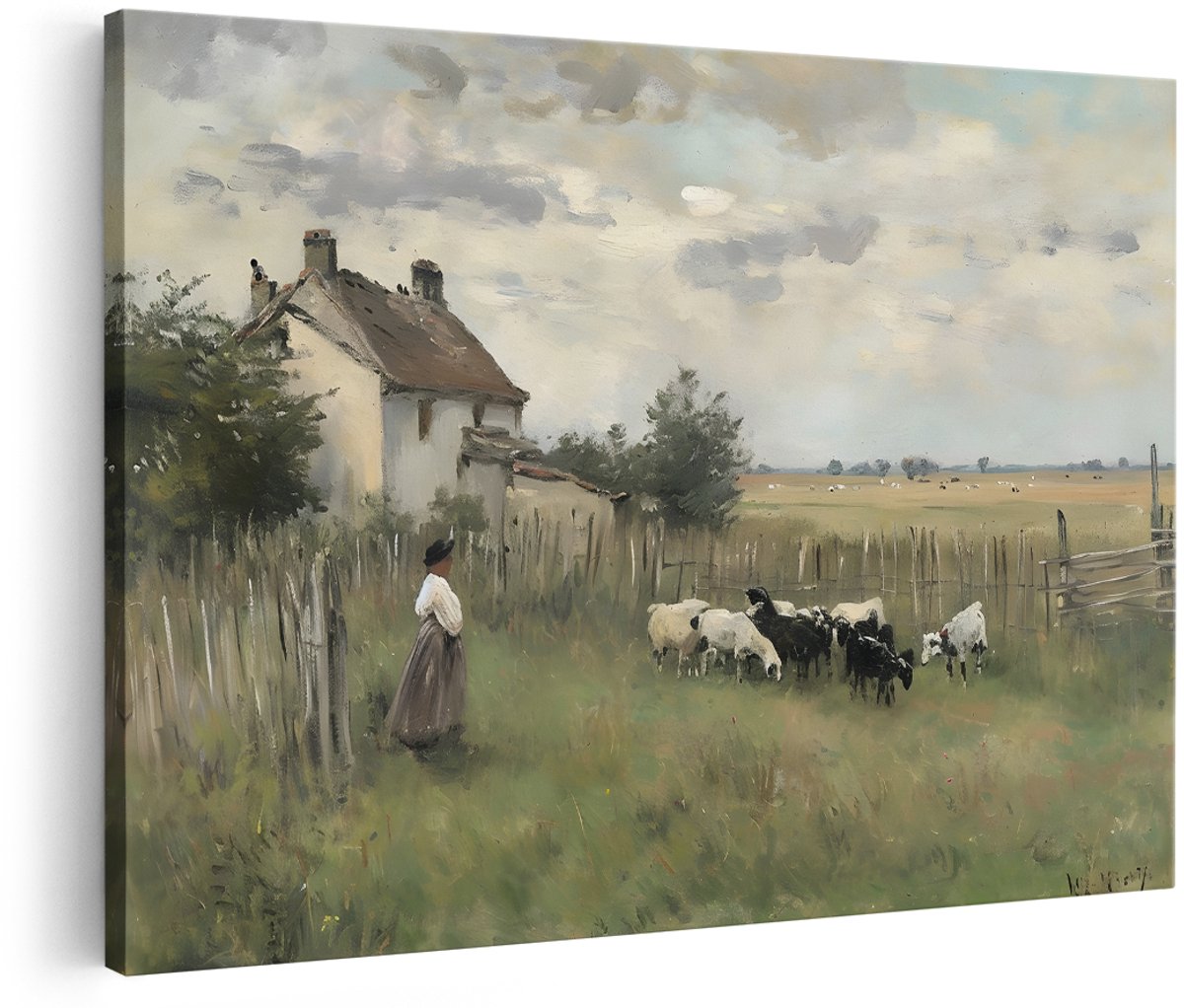 Artaza Canvas Schilderij Landschap - 180x120 cm - Groot - Wanddecoratie Landelijk - Muurdecoratie Schapen - Decoratie Boerderij Woonkamer