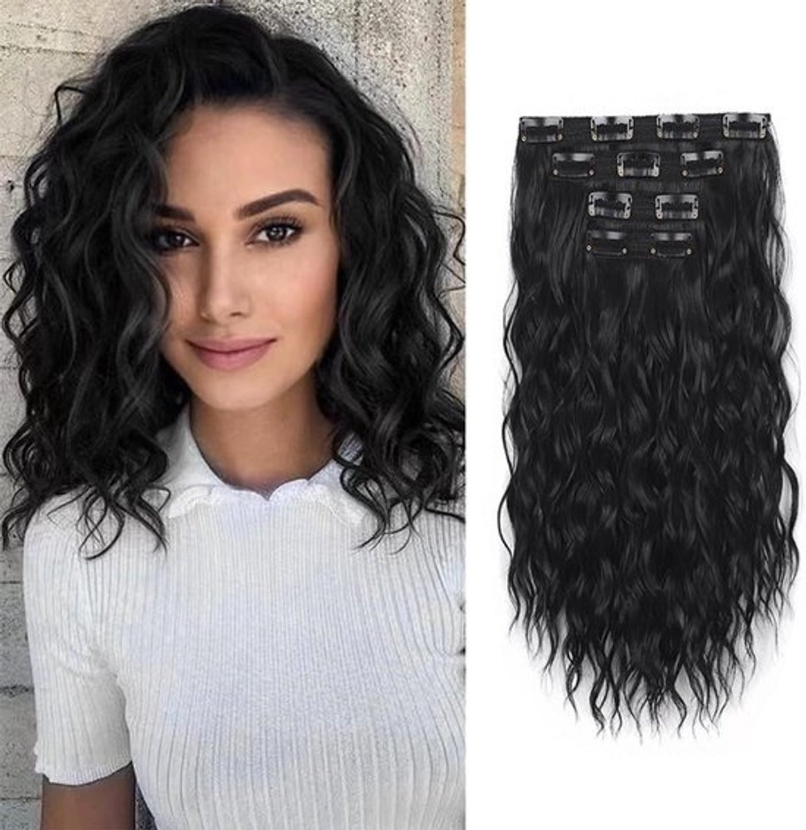 Golvende Clip-In Haarverlenging Set - 4 Delen Synthetisch Haar in Zwart
