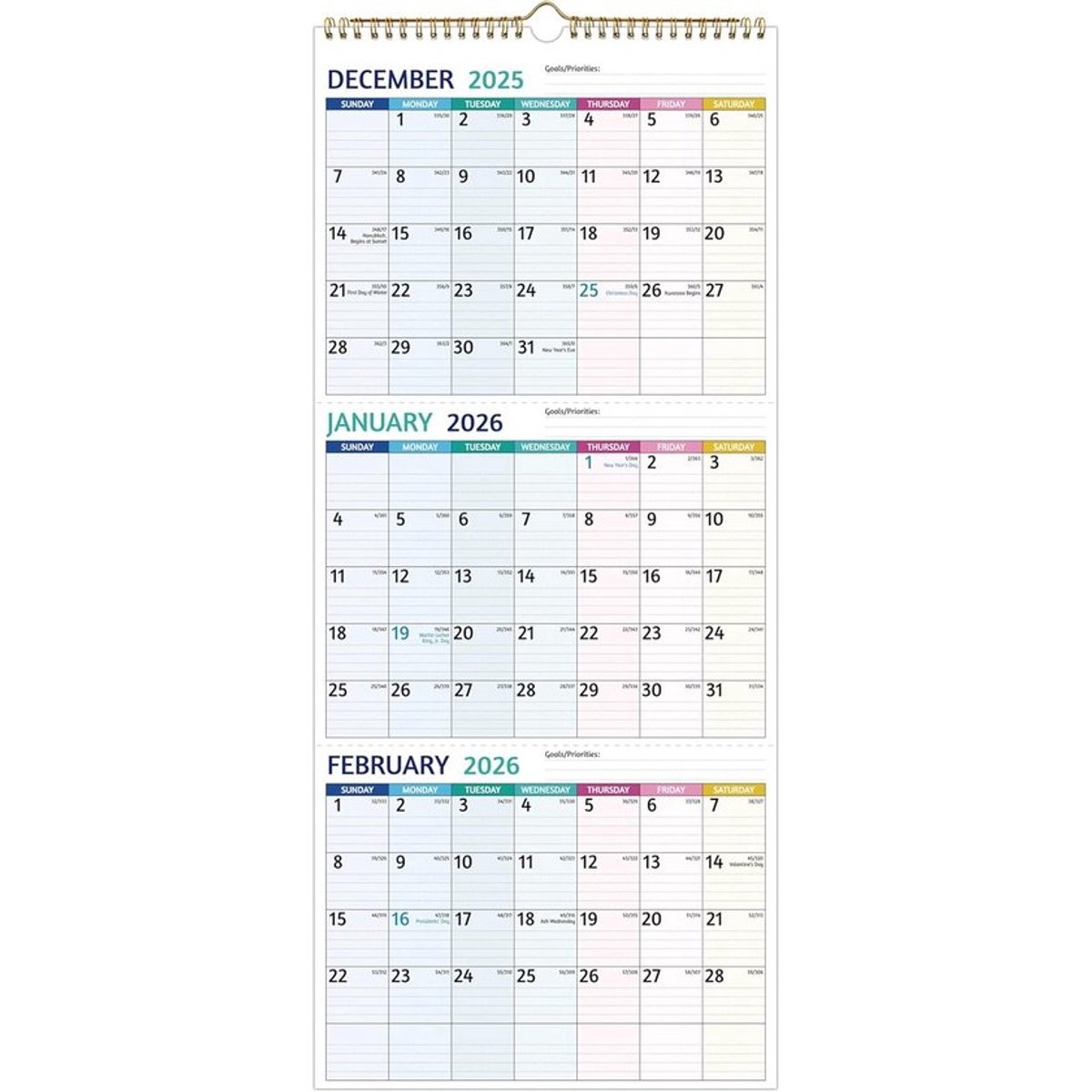 Grote Verticaal 3-Maanden Wandkalender 2025-2026 (April '25 - Juli '26) met Vakanties en Notities