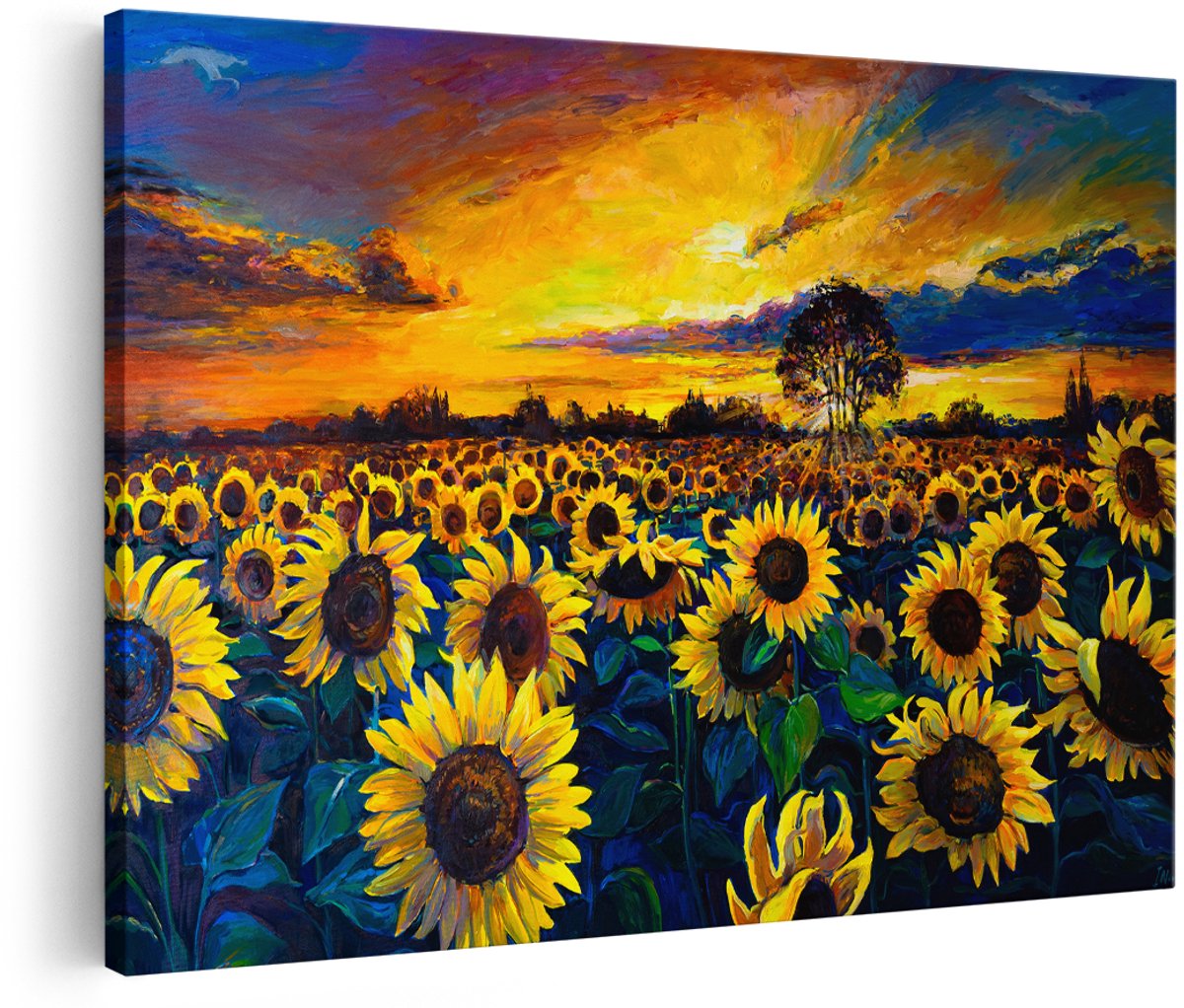 Artaza Canvas Schilderij Getekende Zonnebloemen Veld Met Olieverf - 180x120 cm - Groot - Wanddecoratie Woonkamer - Schilderijen - Muurdecoratie